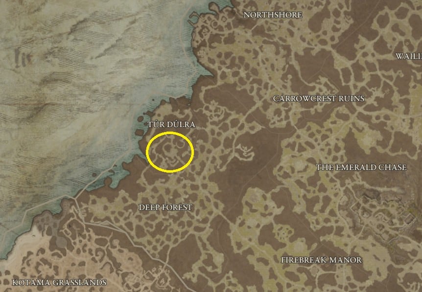 Emplacement de la carte de la forteresse de Tur Dulra dans Diablo 4