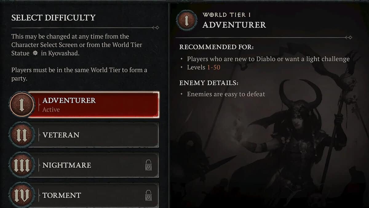Paramètres de difficulté du niveau mondial 1 dans Diablo 4