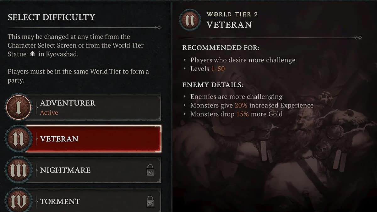 Paramètres de difficulté du niveau mondial 2 dans Diablo 4