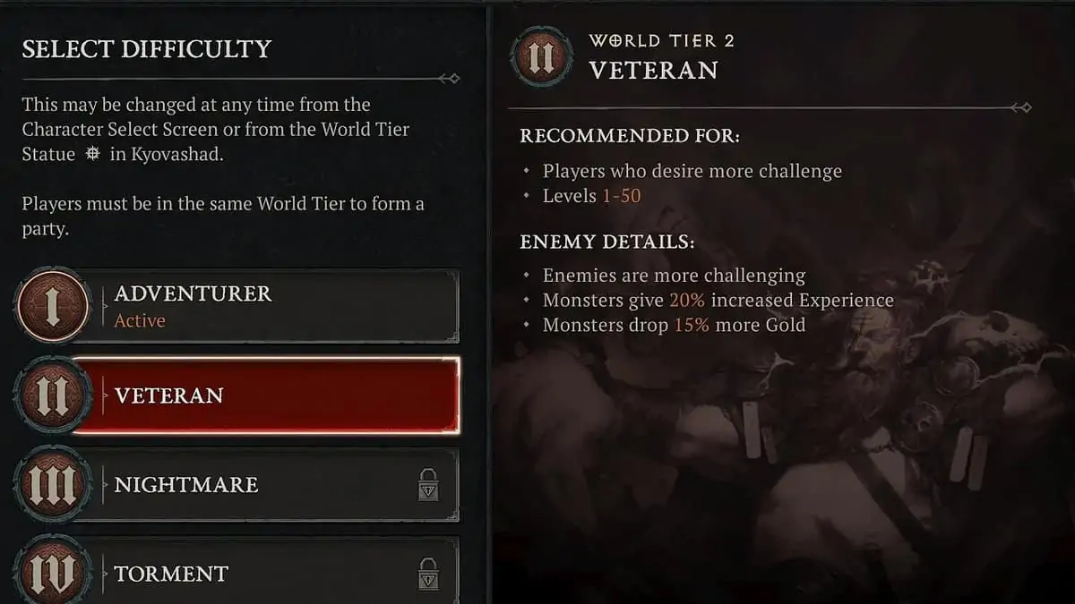 Paramètres de difficulté du niveau mondial 2 dans Diablo 4