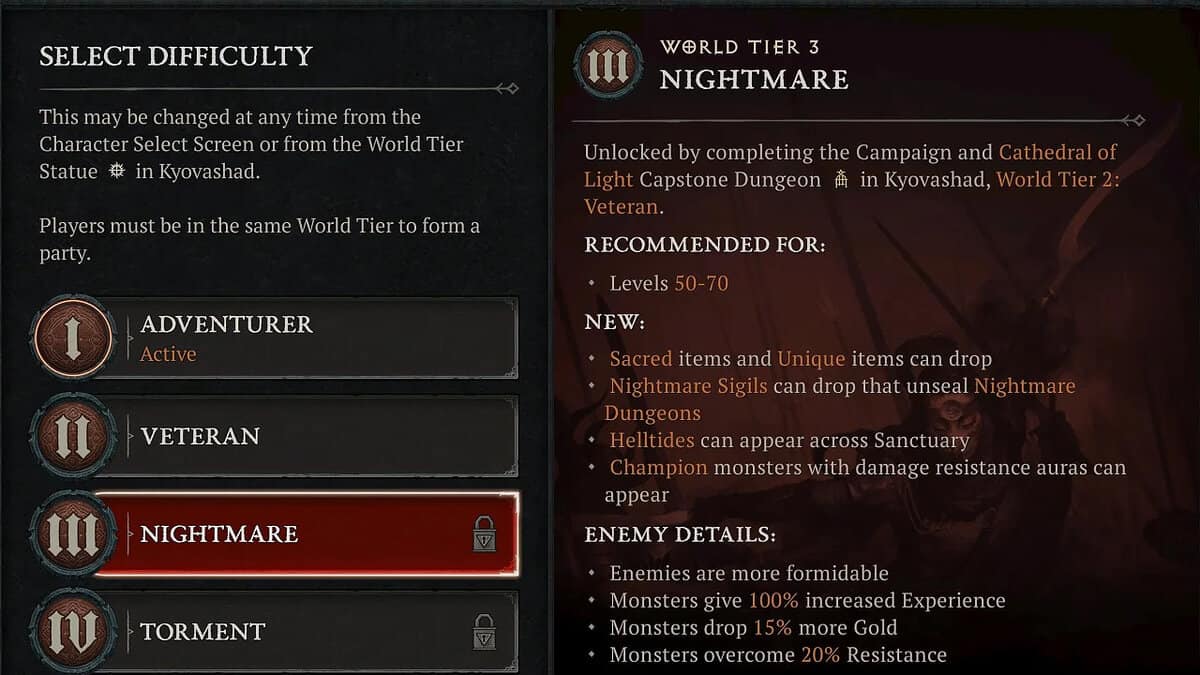Paramètres de difficulté du niveau mondial 3 dans Diablo 4