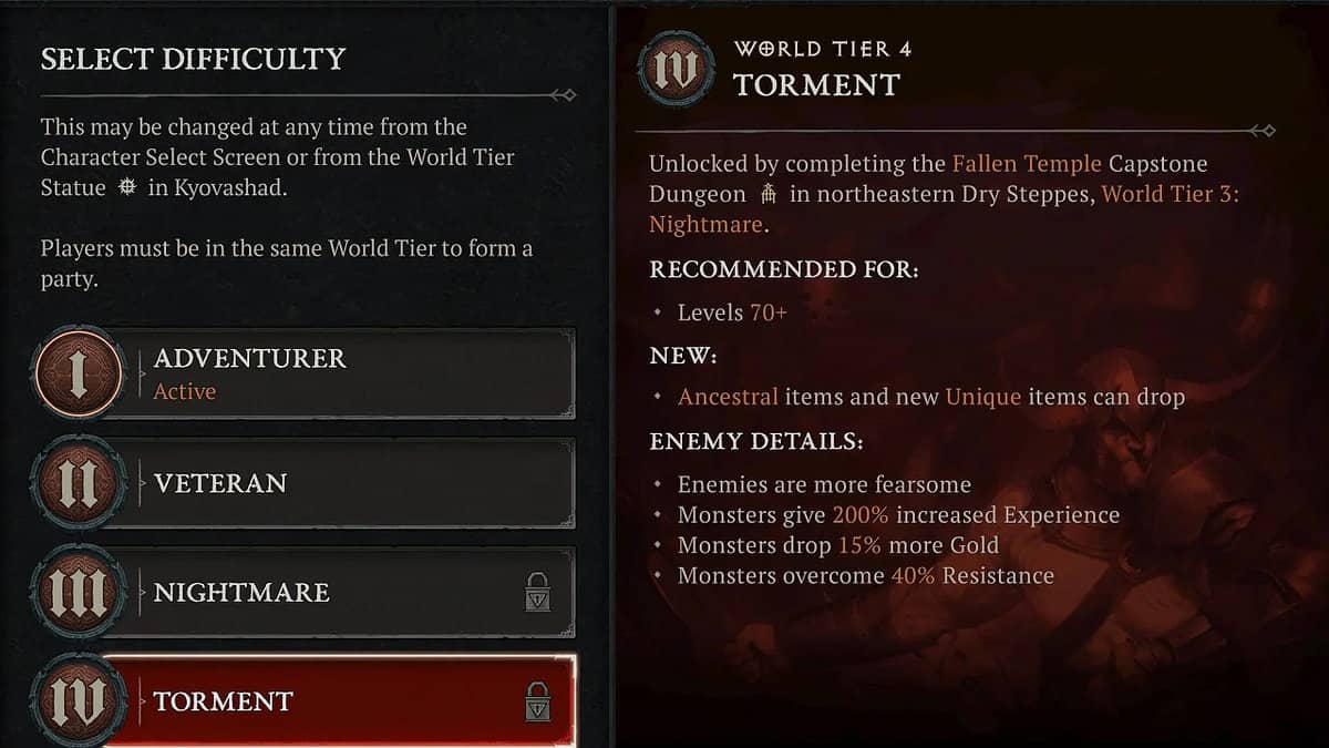 Paramètres de difficulté du niveau mondial 4 dans Diablo 4