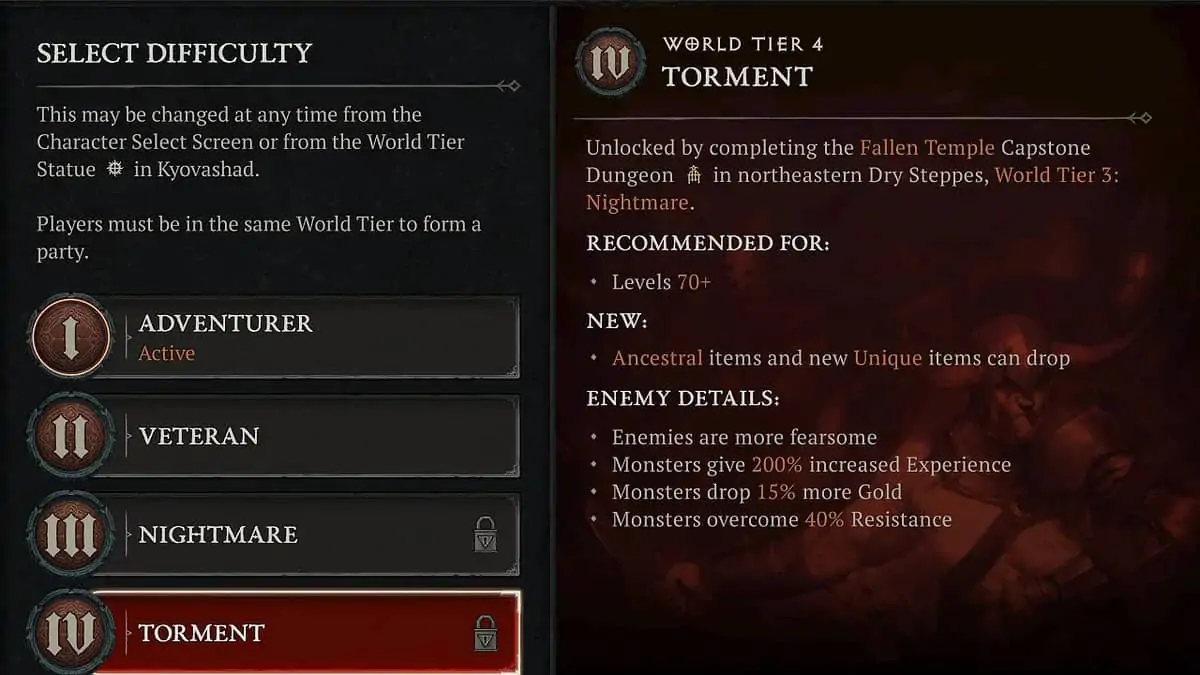 Paramètres de difficulté du niveau mondial 4 dans Diablo 4