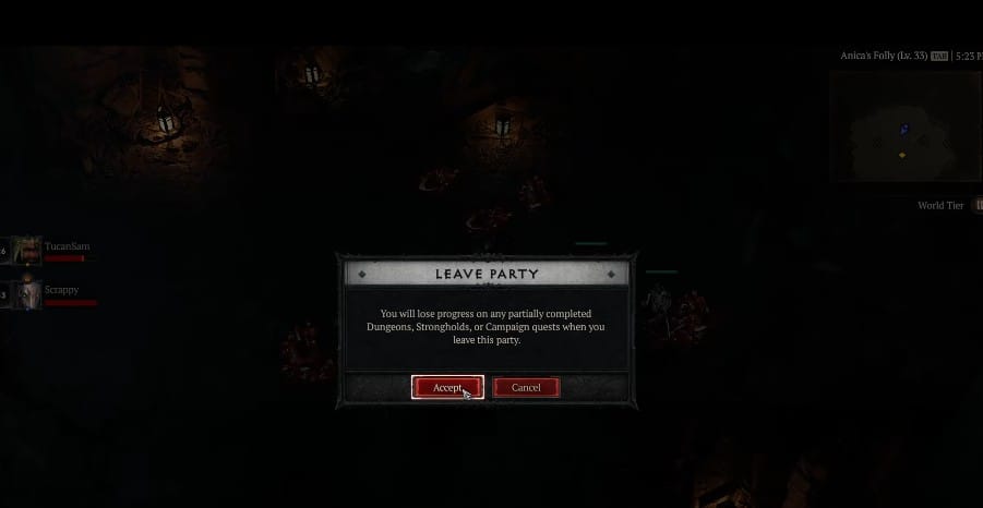 Quittez la fête pour réinitialiser le donjon dans Diablo 4