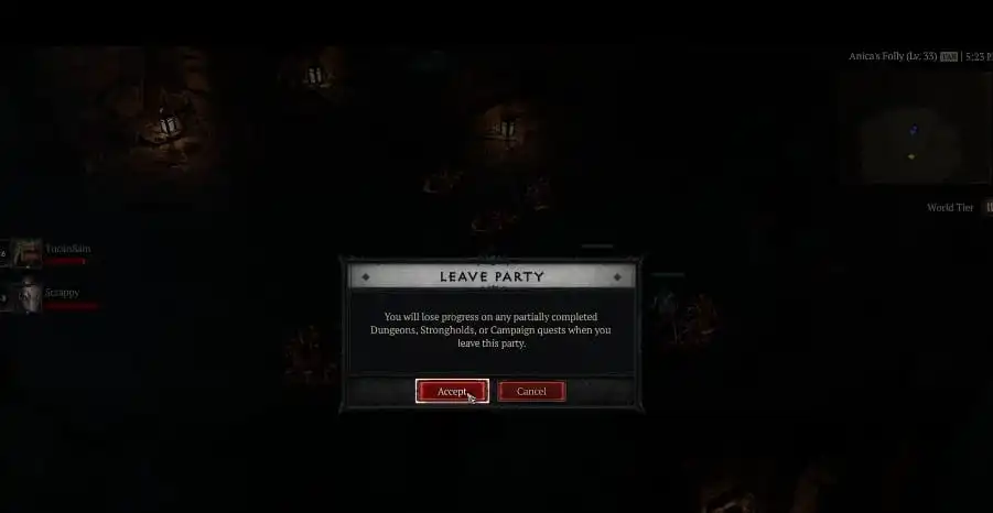 Quittez la fête pour réinitialiser le donjon dans Diablo 4