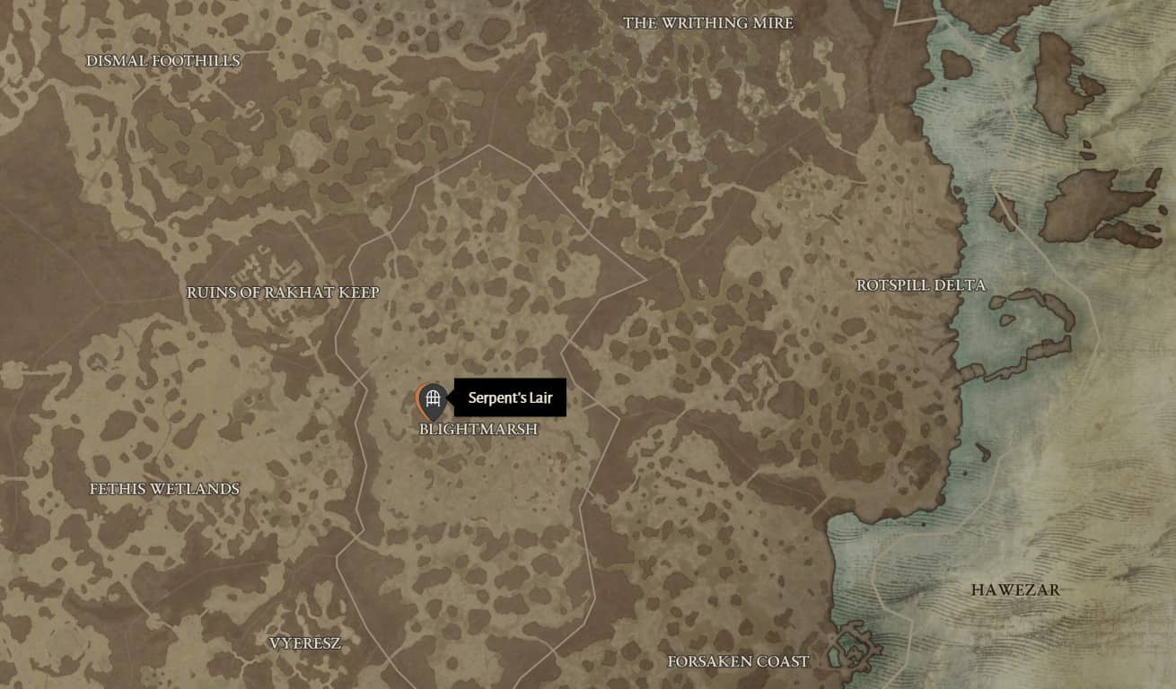 Emplacement du donjon Serpent's Lair dans Diablo 4