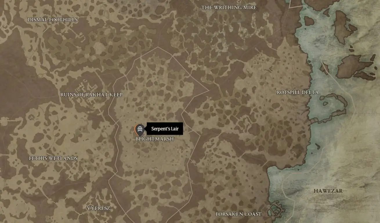 Emplacement du donjon Serpent's Lair dans Diablo 4