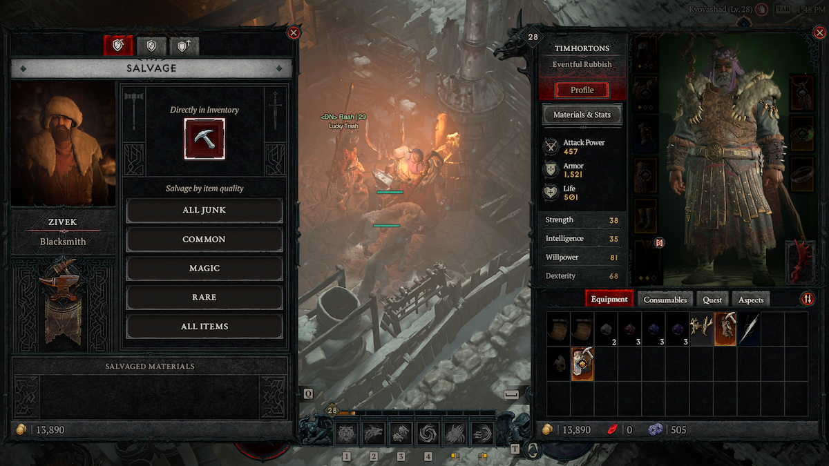 Personnages de Diablo 4 interagissant avec le forgeron
