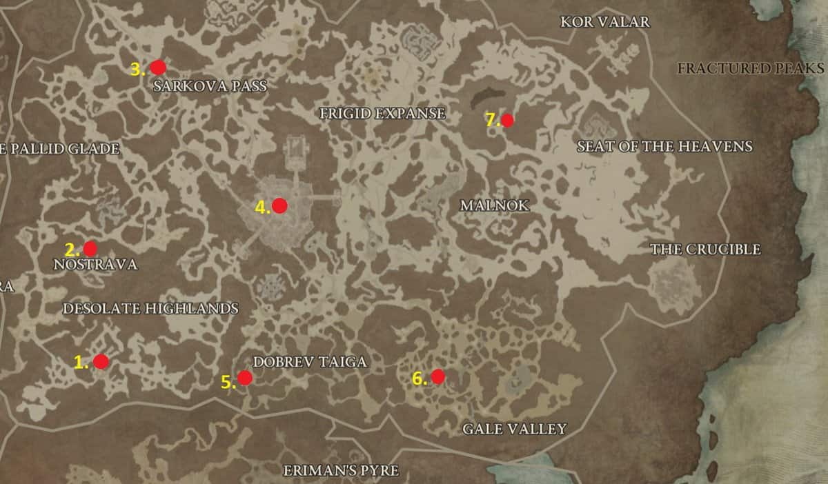 Diablo 4 Emplacements des points de cheminement des pics fracturés