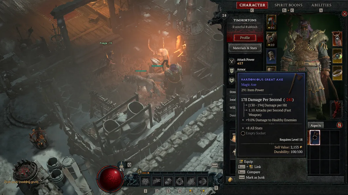 Diablo 4 ayant l'écran Inventroy ouvert