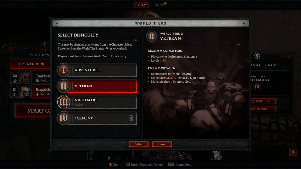 Menu des niveaux mondiaux de Diablo 4