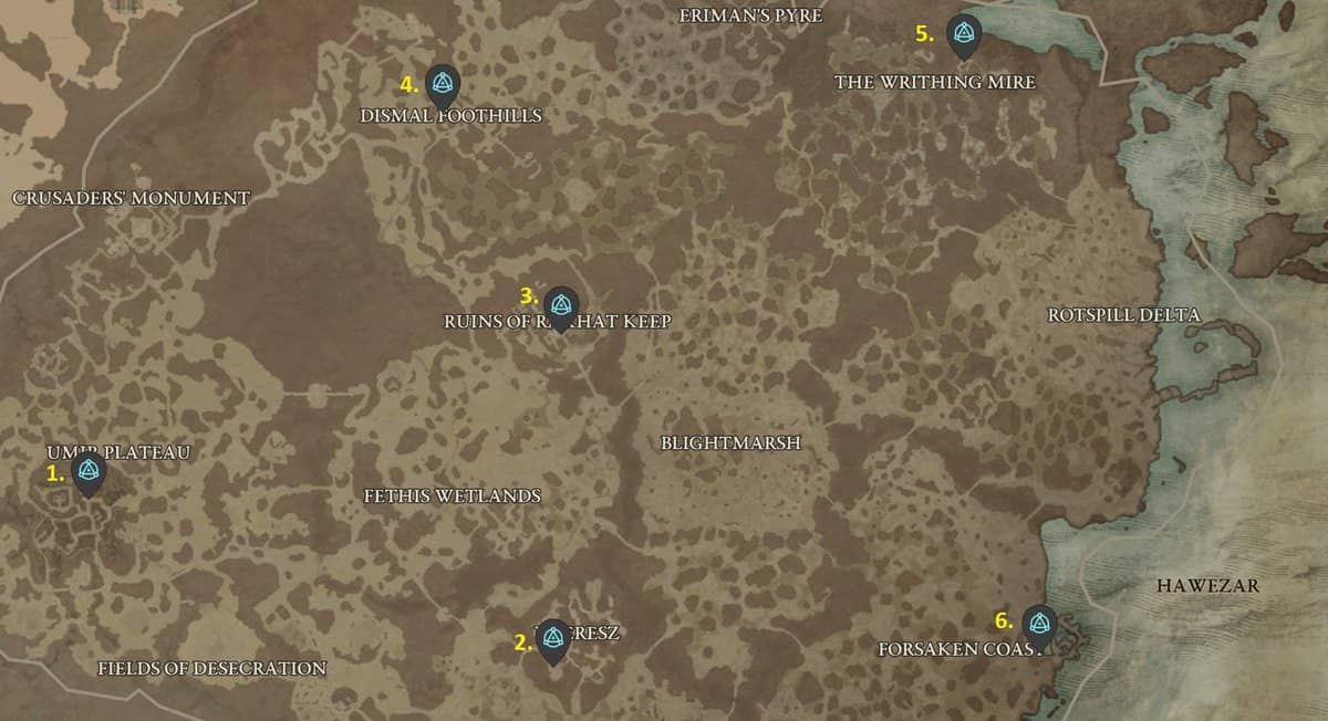Diablo 4 Hawezar Emplacements des points de cheminement