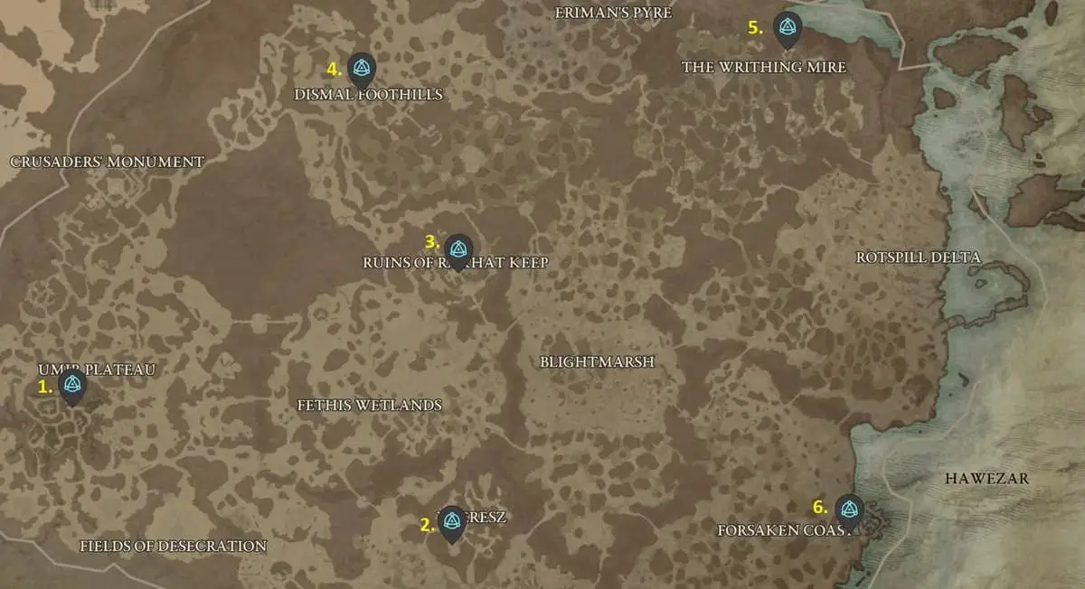 Diablo 4 Hawezar Emplacements des points de cheminement