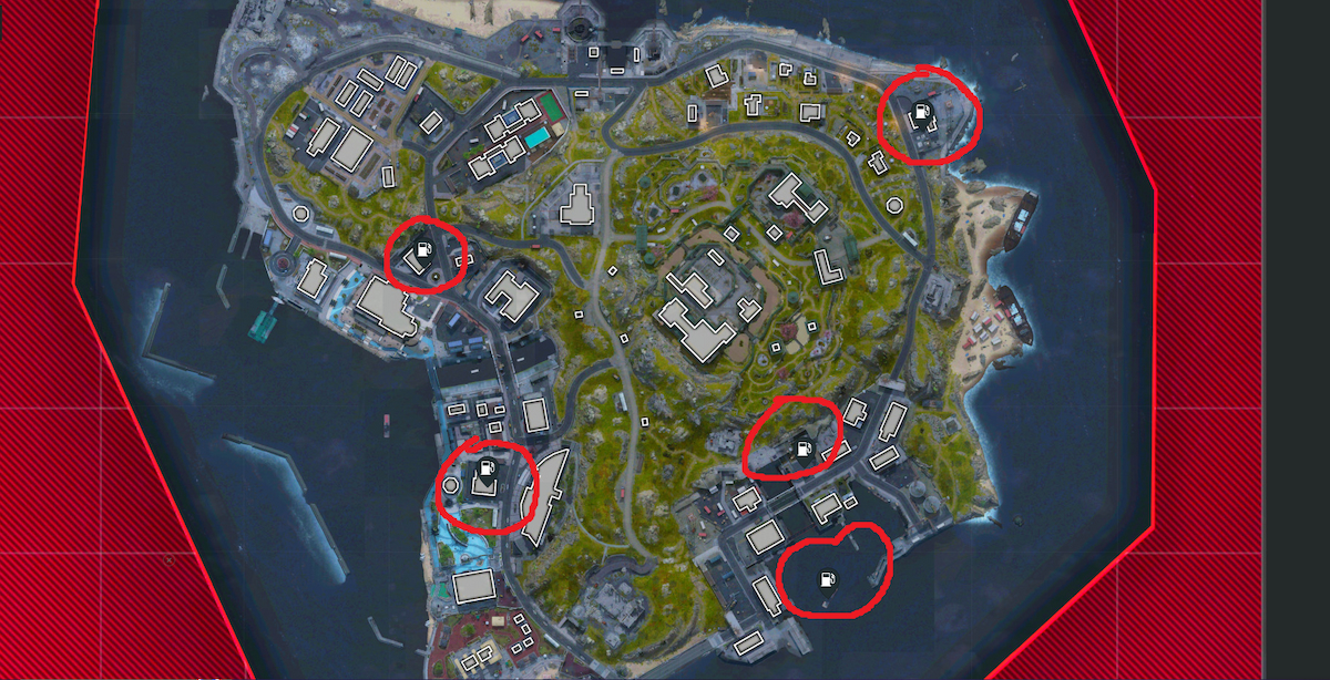 Warzone Dmz Ashika Island avec les stations-service en surbrillance