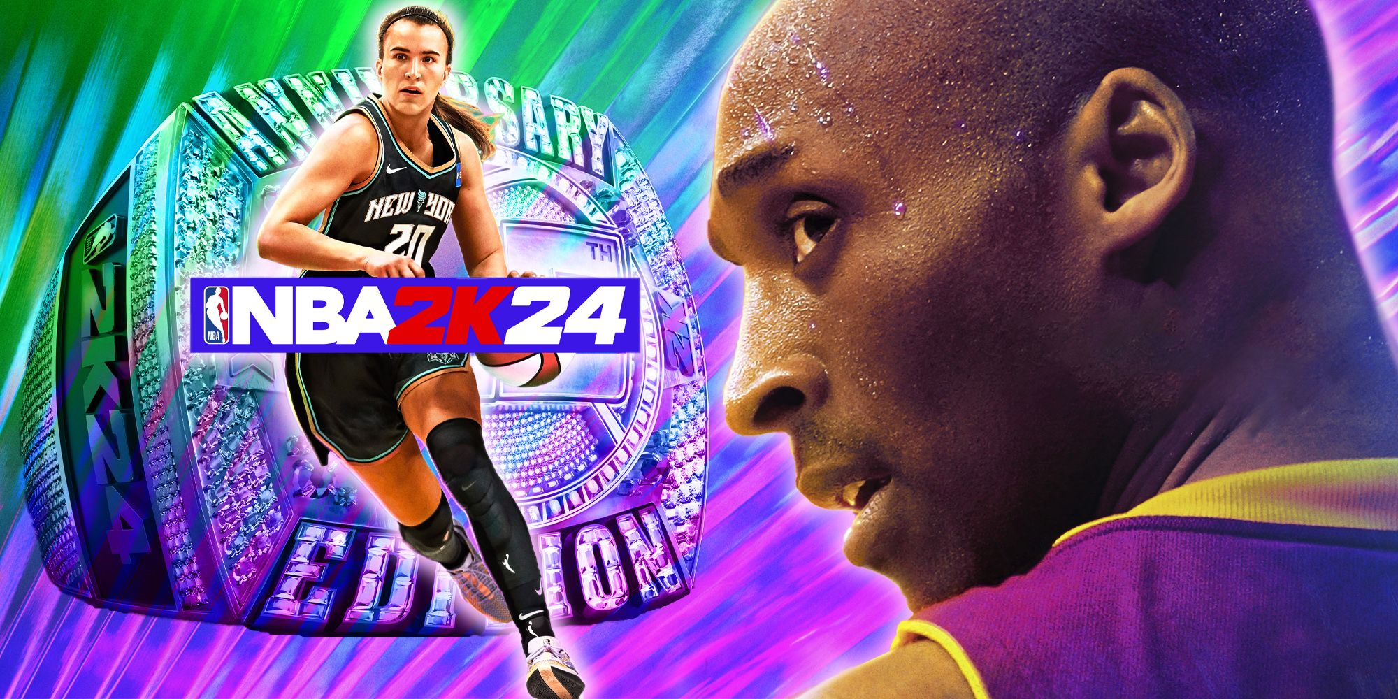 Une combinaison de plusieurs couvertures 2K24, avec un gros plan de Kobe Bryant sur la gauche et un plan d'action de tout le corps de Sabrina Ionescu sur la gauche derrière le logo NBA 2K24 et devant une bague ornée de bijoux créée pour l'édition anniversaire du jeu.