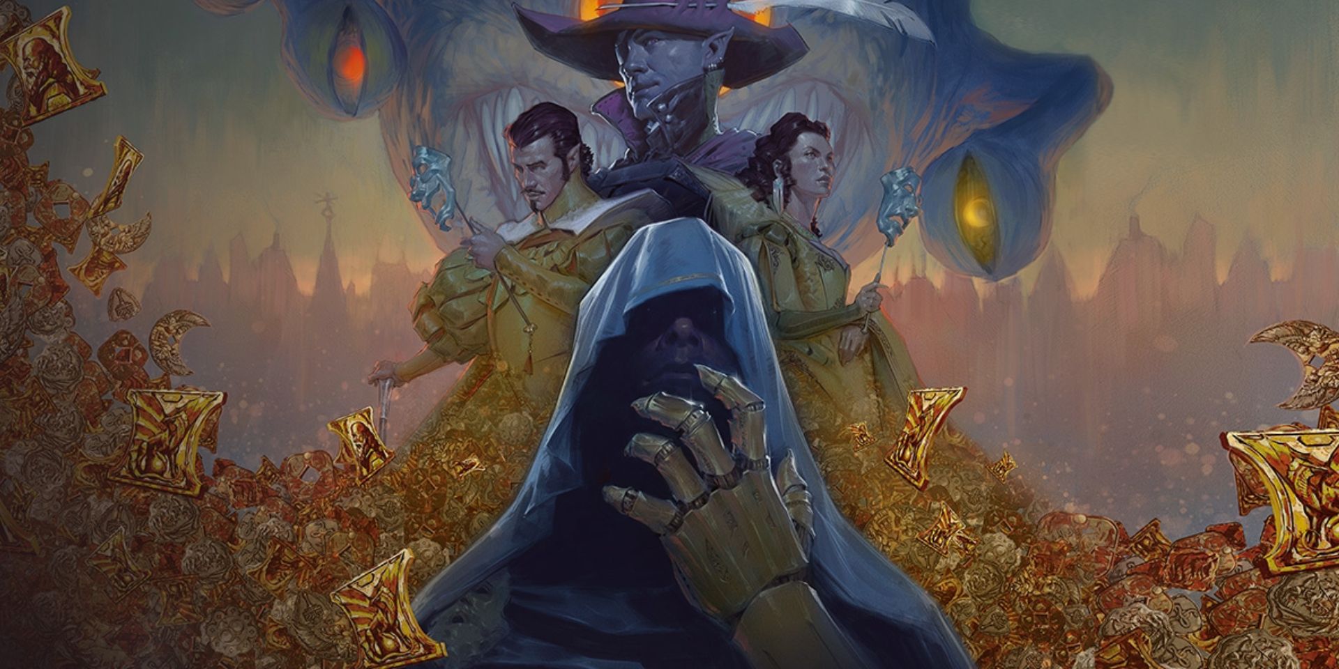 Personnages et ennemis DnD disposés comme une affiche de film, avec un spectateur qui se profile à l'arrière-plan et une silhouette à capuchon portant un gantelet doré devant.