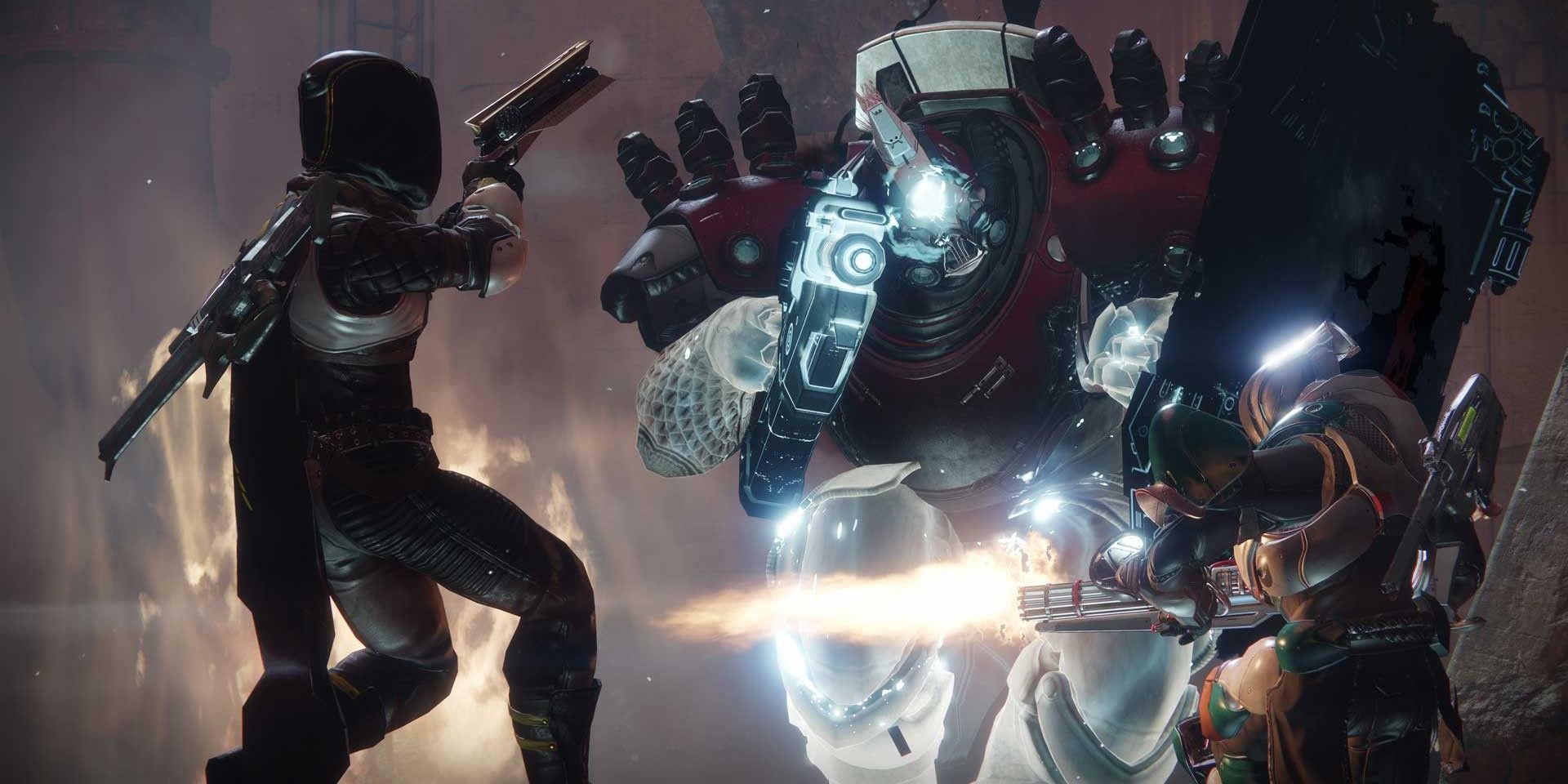 Un chasseur de Destiny 2 tirant avec le canon à main Sunshot contre le boss Taken Cabal dans Lake of Shadows Strike.