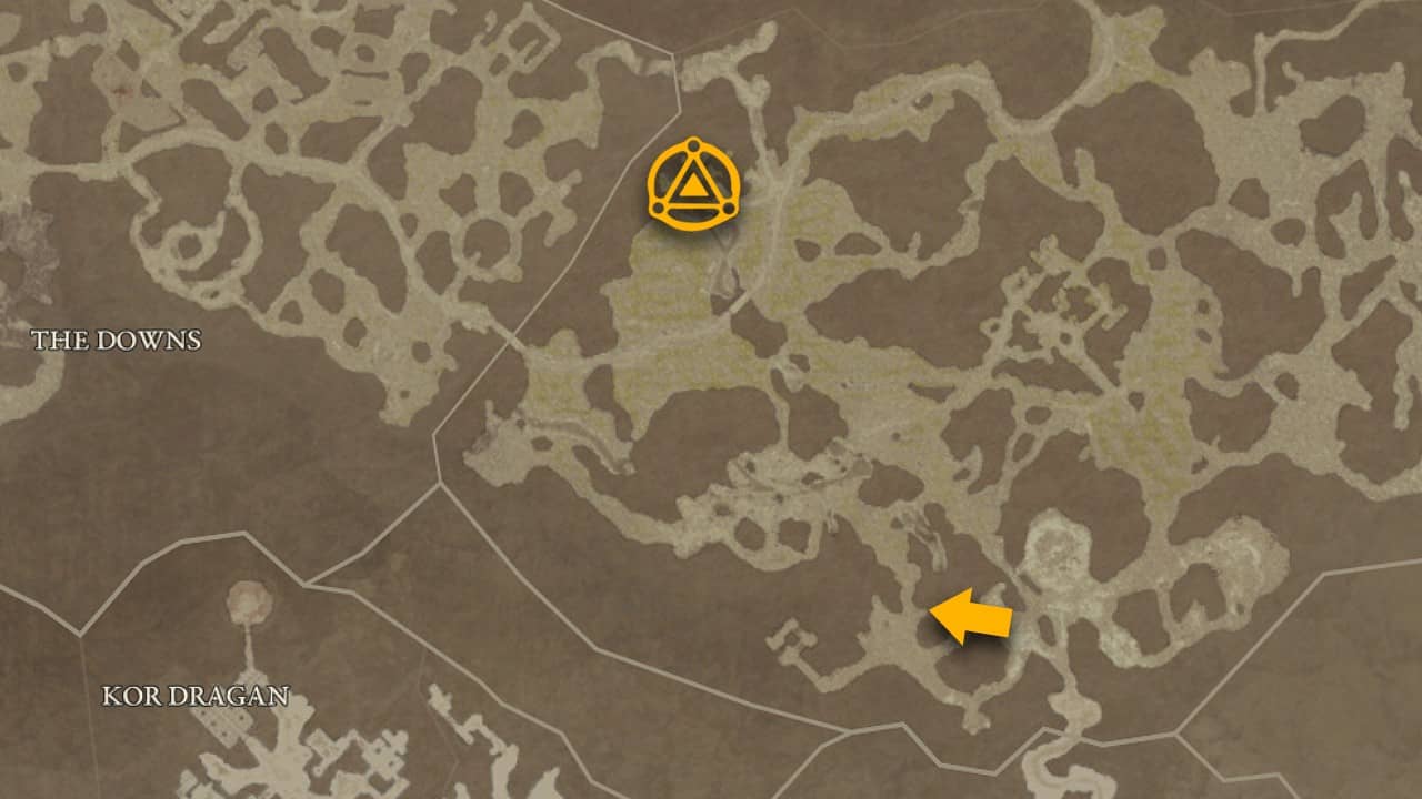 L'emplacement de la carte et le meilleur itinéraire vers le donjon Hive dans Diablo 4.