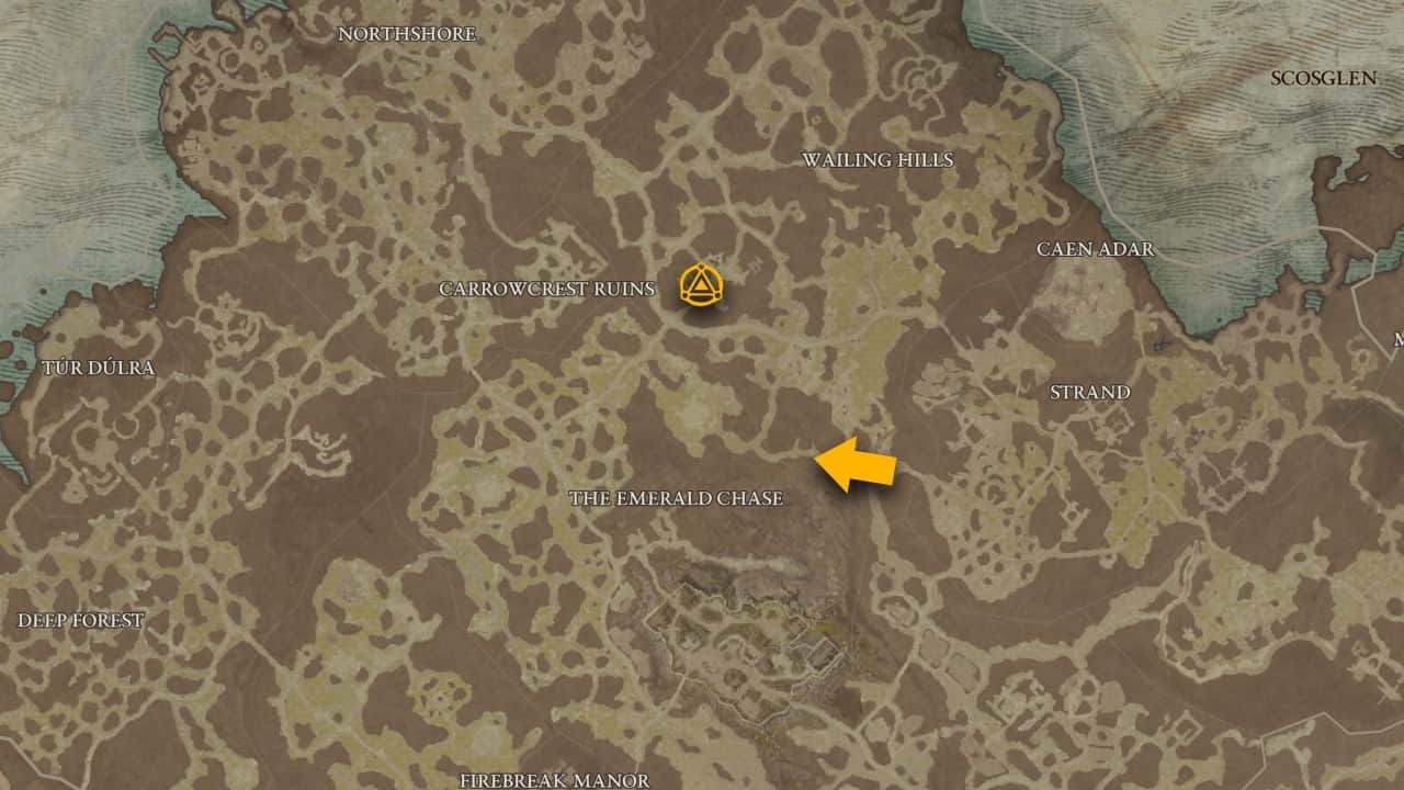 L'emplacement sur la carte du donjon de Raethwind Wilds dans Diablo 4.