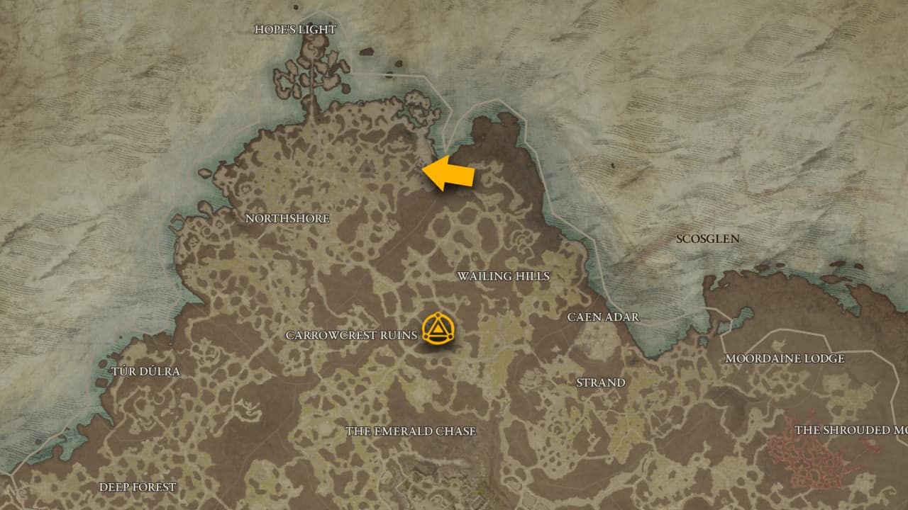 L'emplacement sur la carte du donjon Sunken Ruins dans Diablo 4.