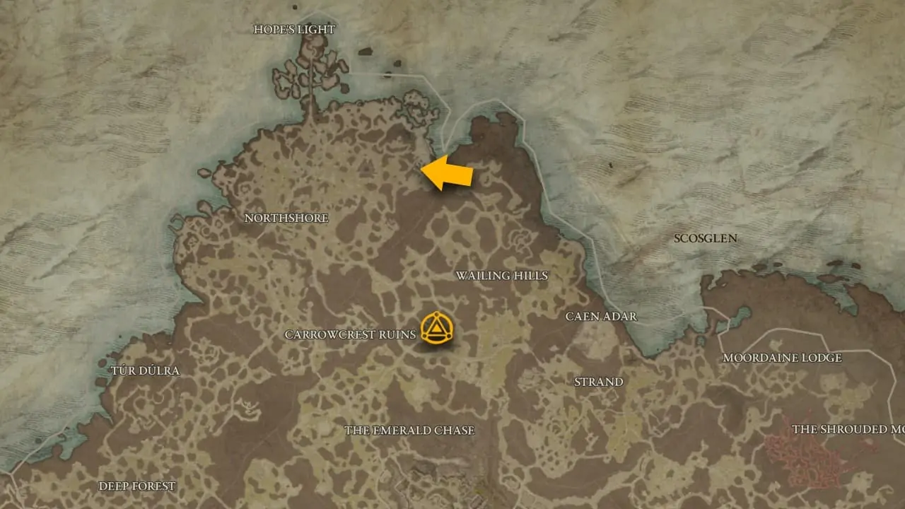 L'emplacement sur la carte du donjon Sunken Ruins dans Diablo 4.