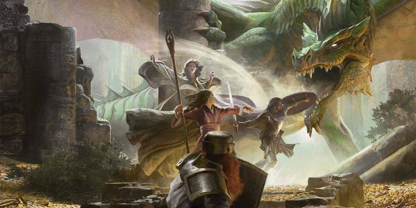 Illustration pour le livre de campagne 5e D&D Lost Mine of Phandelver, avec un groupe se cachant derrière des décombres tout en combattant un dragon.