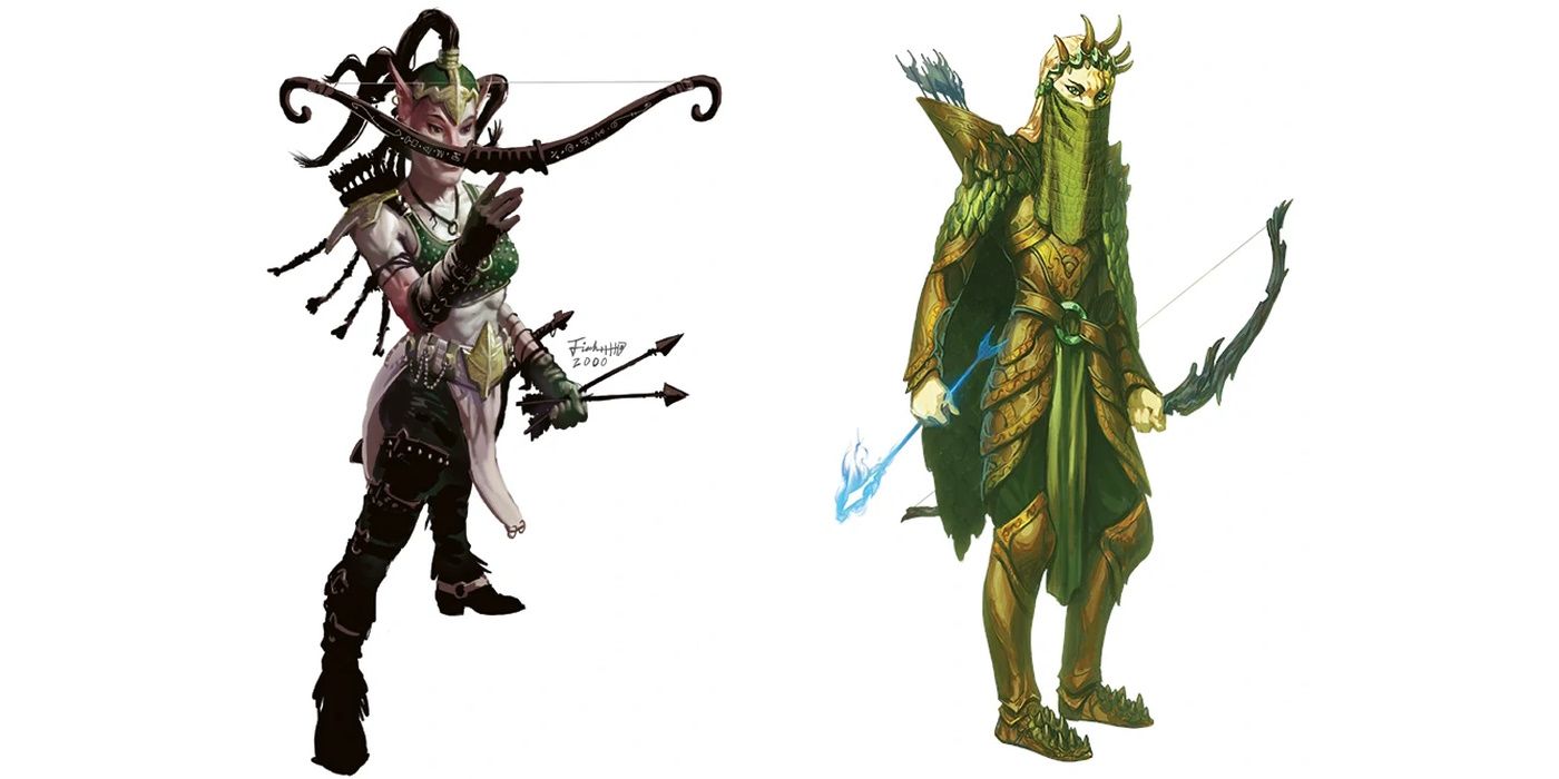 Illustration d'archer arcanique pour Dungeons & Dragons, montrant deux versions différentes de la classe, toutes deux brandissant des arcs et des flèches magiques.