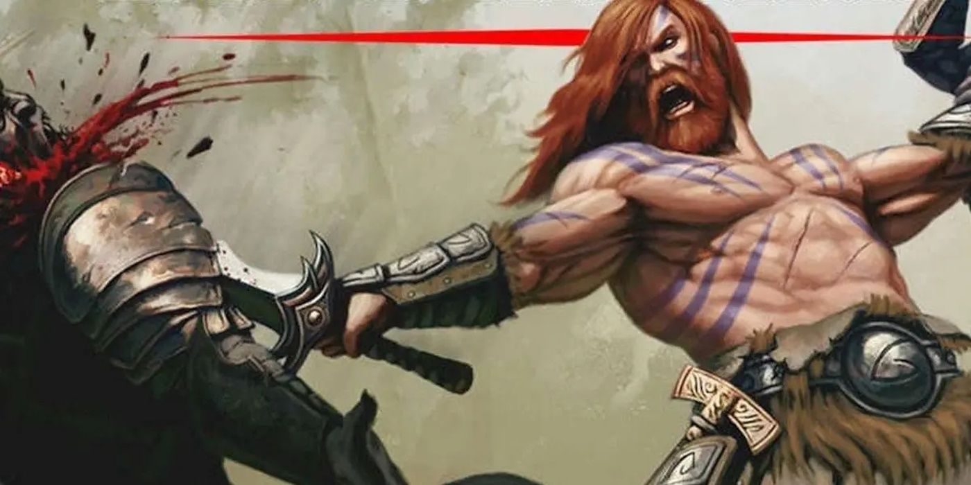 Un barbare rugit sur son ennemi alors qu'il lui tranche la gorge dnd