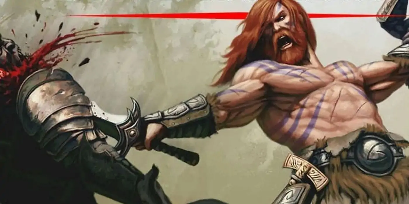 Un barbare rugit sur son ennemi alors qu'il lui tranche la gorge dnd