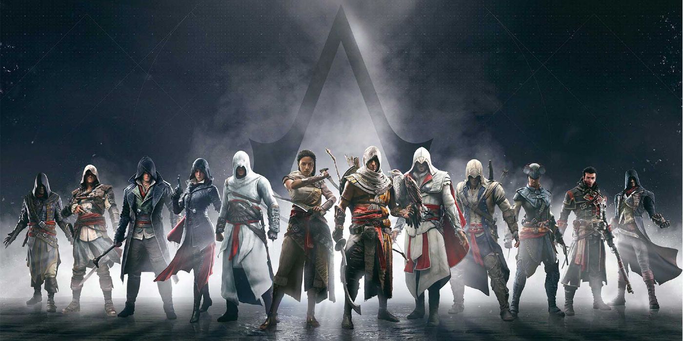 Les protagonistes d'Assassin's Creed alignés côte à côte avec le logo de la série derrière eux