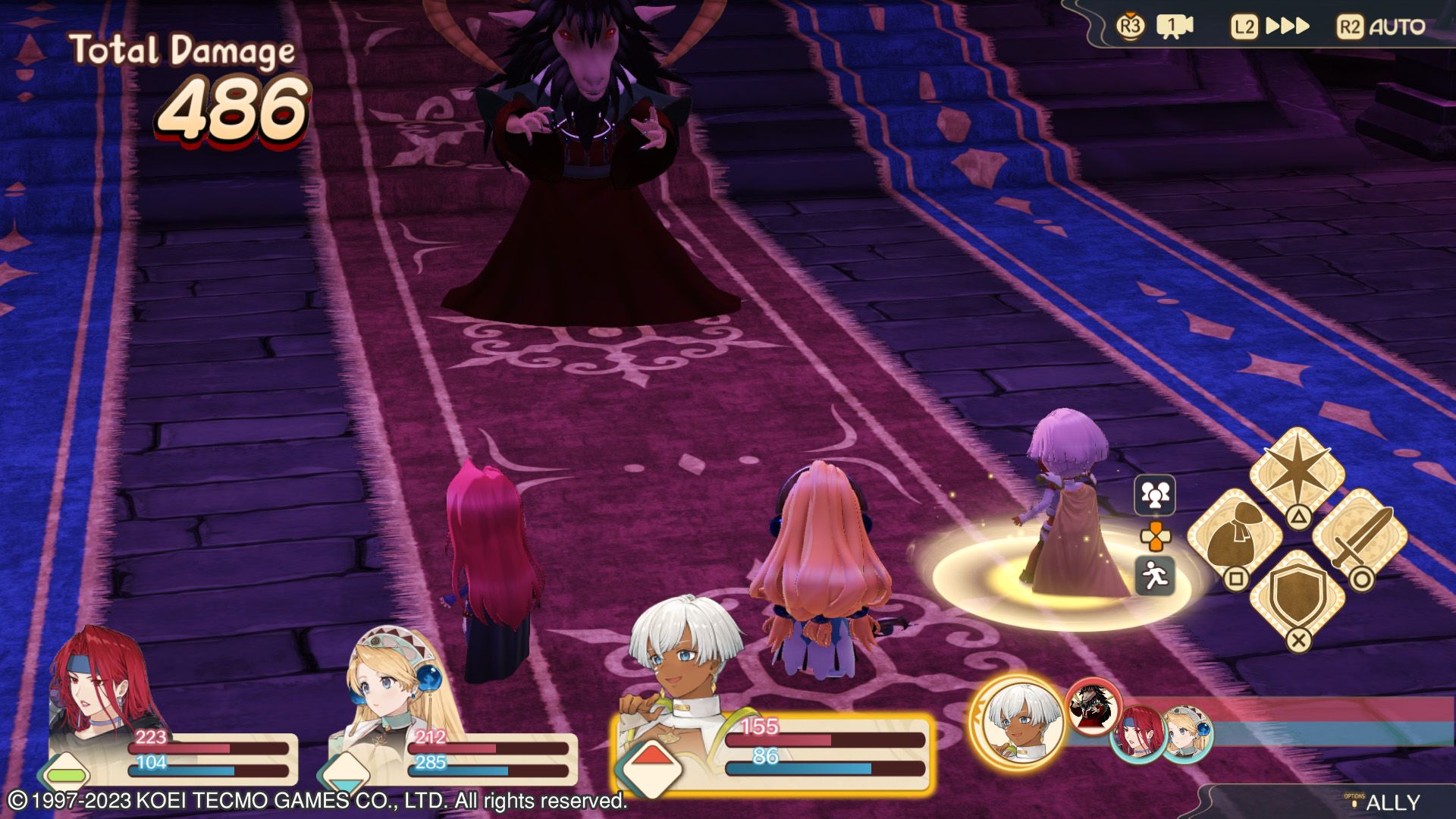 Écran de combat du remake de l'Atelier Marie mettant en vedette Marie et son groupe combattant un boss.