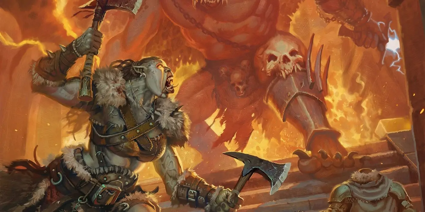 Un barbare berserker s'envole dans un duel frénétique brandissant des haches pour vaincre un énorme ennemi