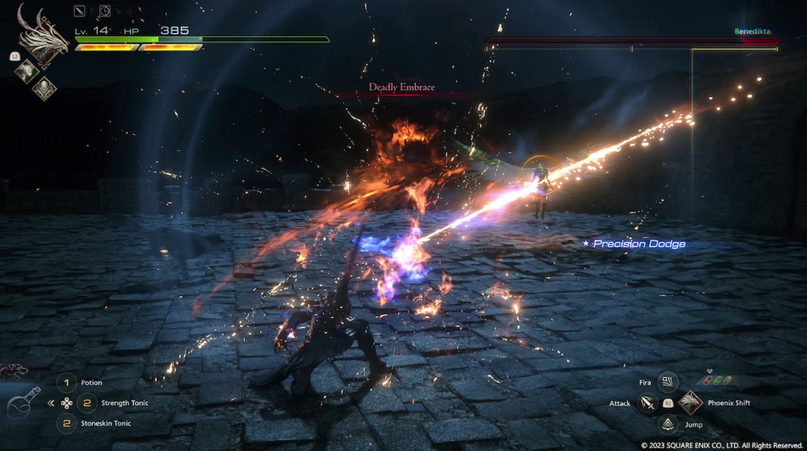 Clive utilise un sort chargé contre Benedikta dans Final Fantasy 16-1
