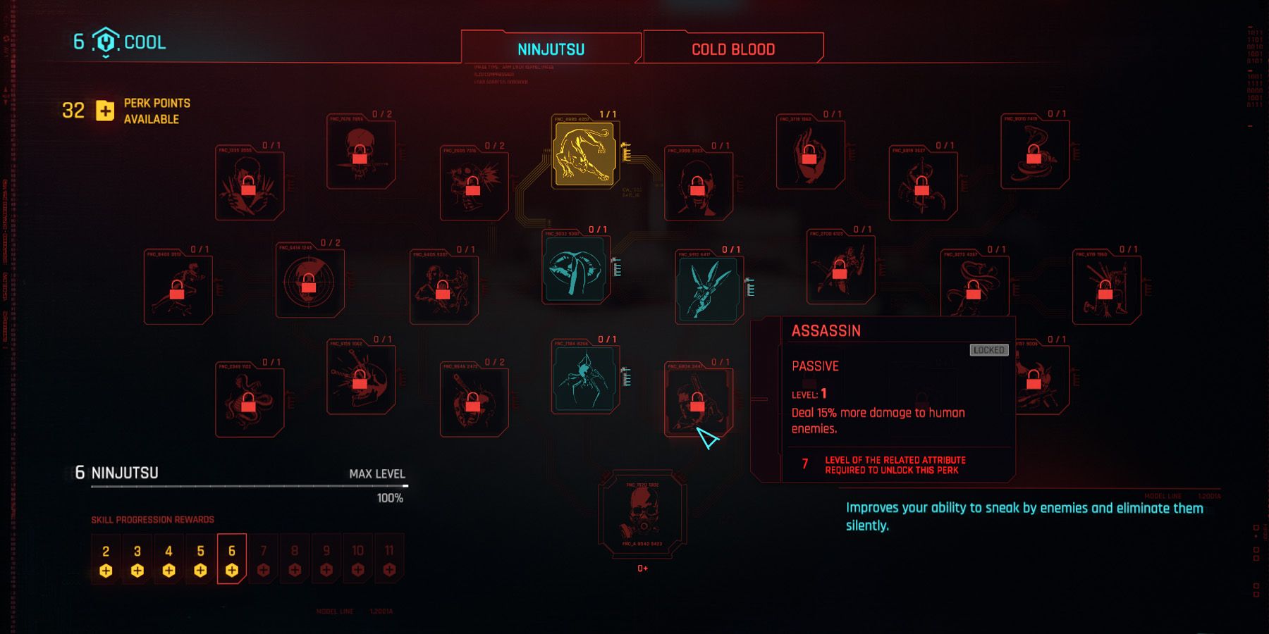 Menu Perk dans Cyberpunk 2077 montrant le perk Assassin.