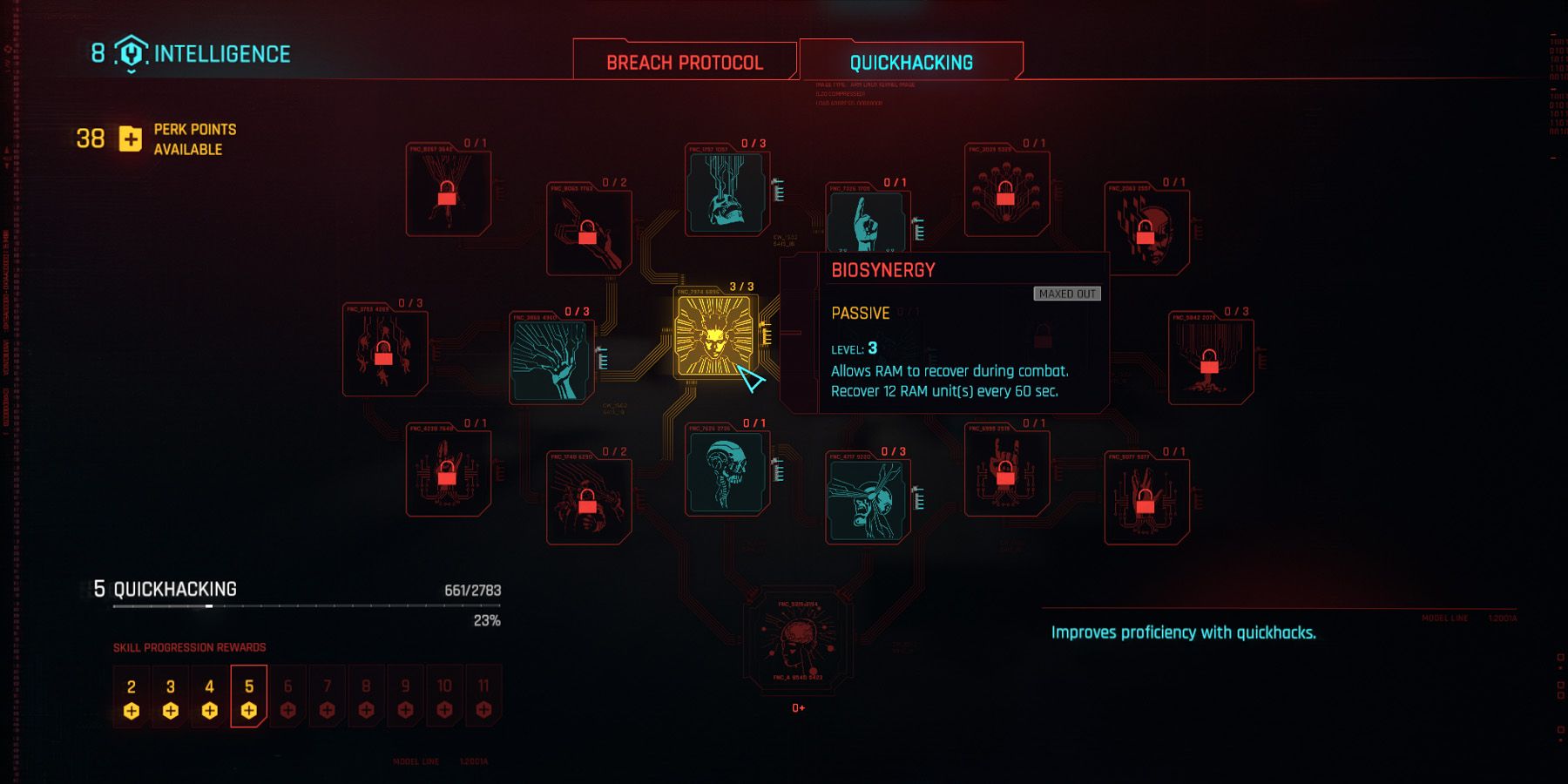 Menu des avantages dans Cyberpunk 2077 montrant l'avantage Biosynergy.