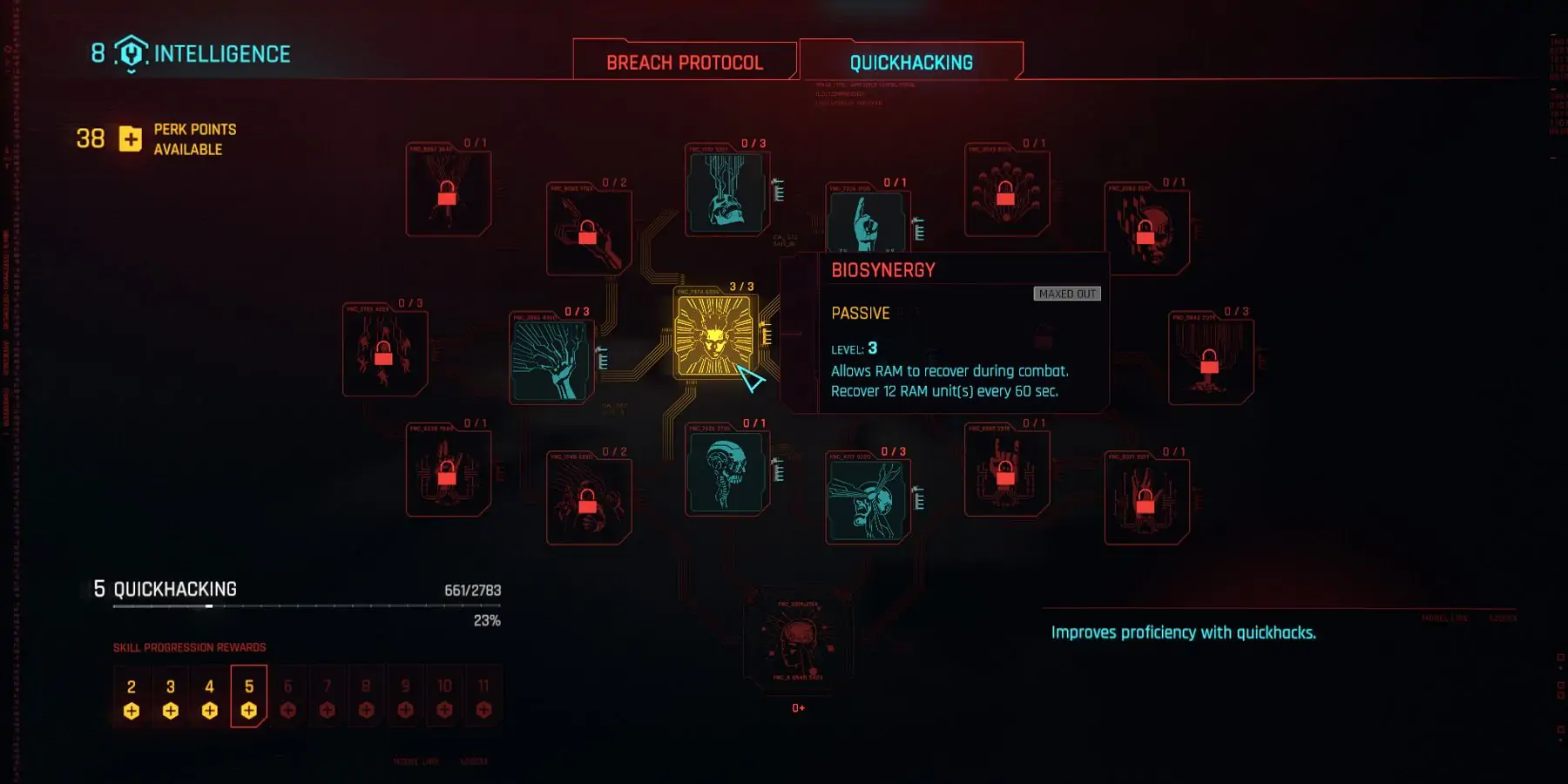 Menu des avantages dans Cyberpunk 2077 montrant l'avantage Biosynergy.