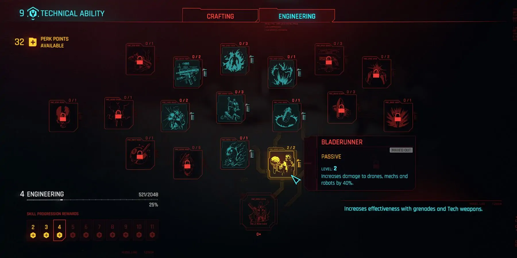 Menu des avantages dans Cyberpunk 2077 montrant l'avantage Bladerunner.