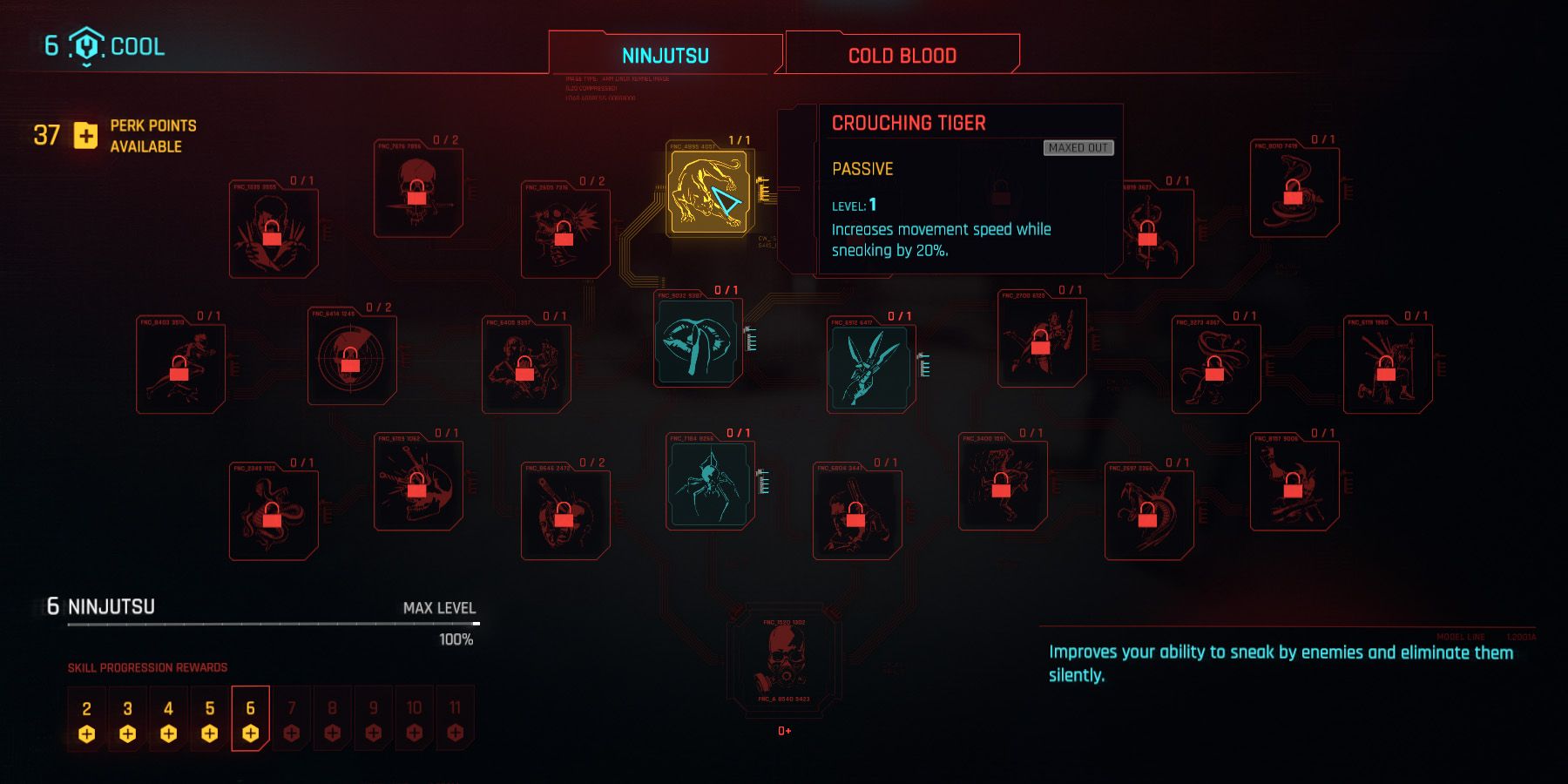 Menu Perk dans Cyberpunk 2077 montrant l'avantage Crouching Tiger.