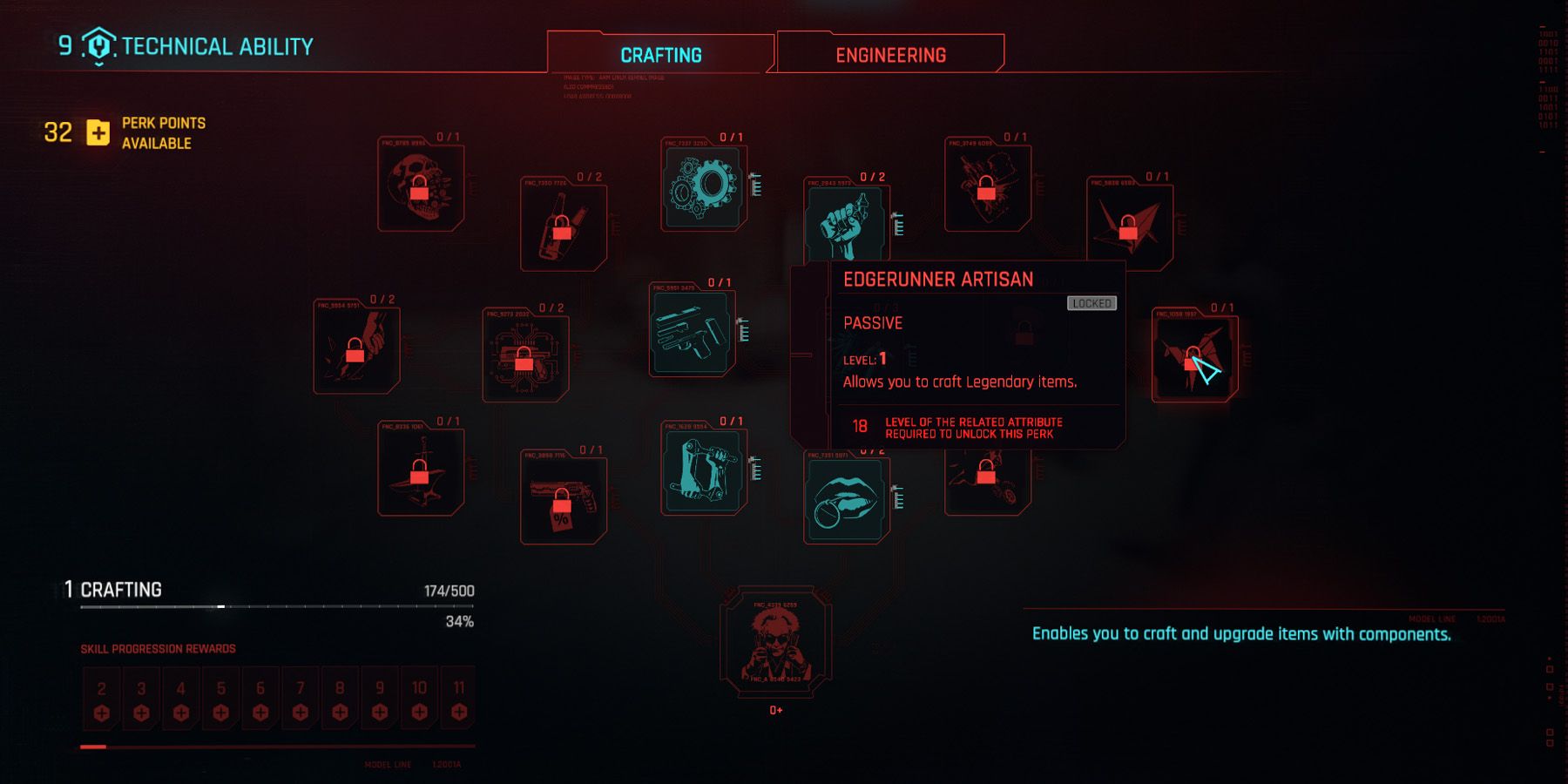 Menu des avantages dans Cyberpunk 2077 montrant l'avantage Edgerunner Artisan.