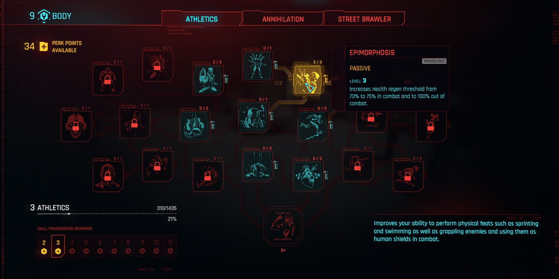 Menu Perk dans Cyberpunk 2077 montrant l'avantage Epimorphosis.