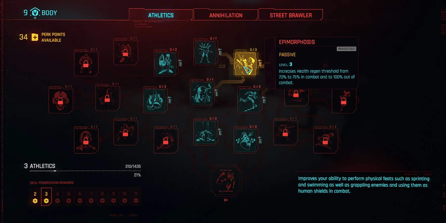 Menu Perk dans Cyberpunk 2077 montrant l'avantage Epimorphosis.