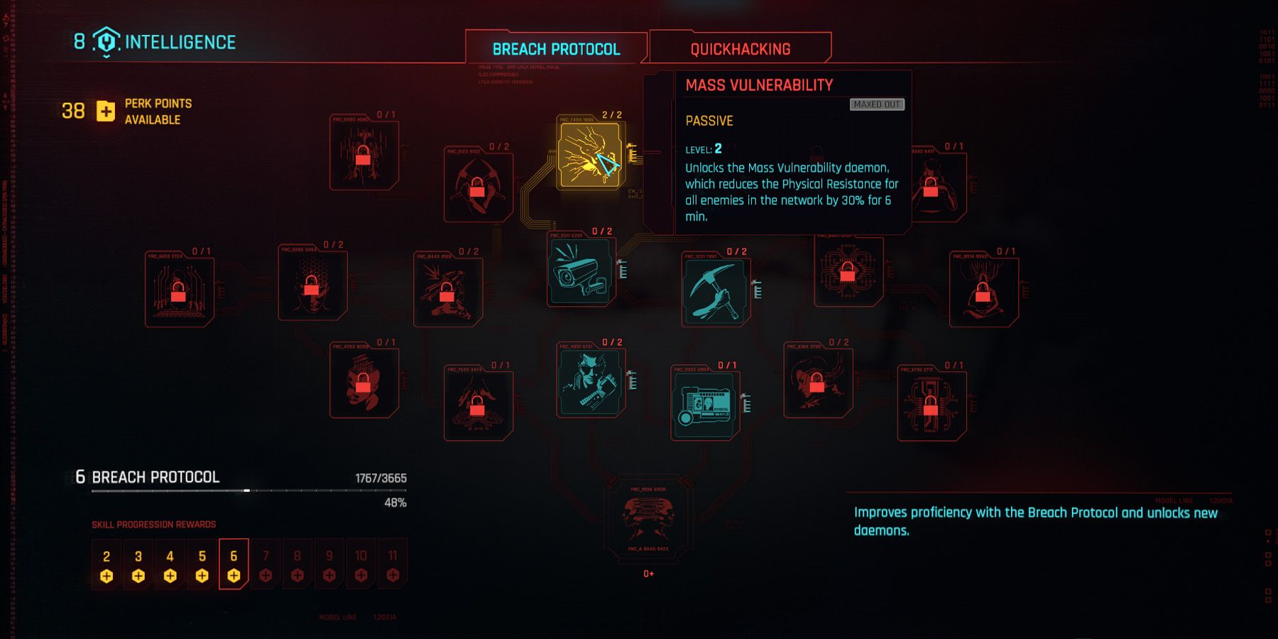 Menu Perk dans Cyberpunk 2077 montrant l'avantage Mass Vulnerability.