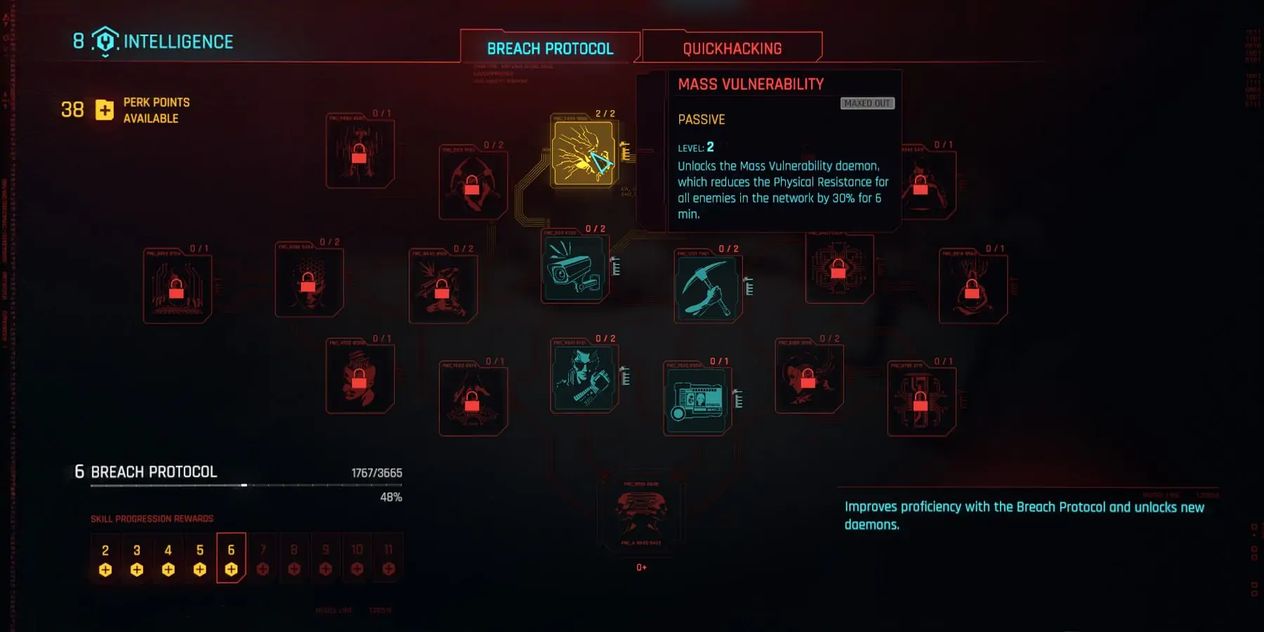 Menu Perk dans Cyberpunk 2077 montrant l'avantage Mass Vulnerability.