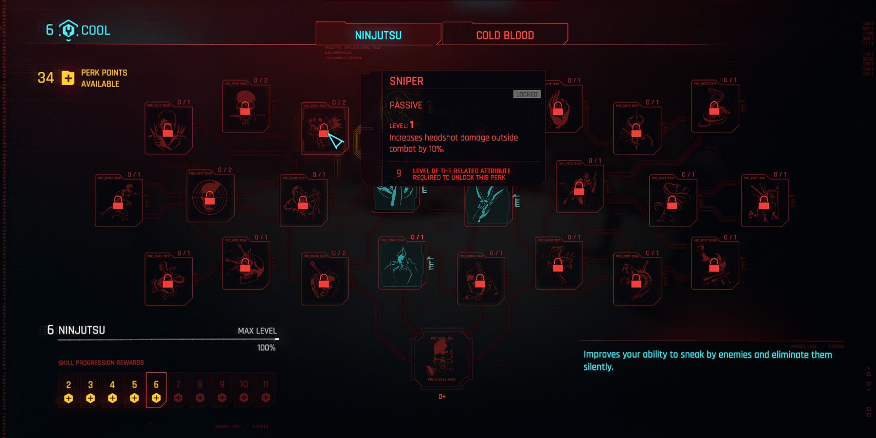 Menu des avantages dans Cyberpunk 2077 montrant l'avantage Sniper.