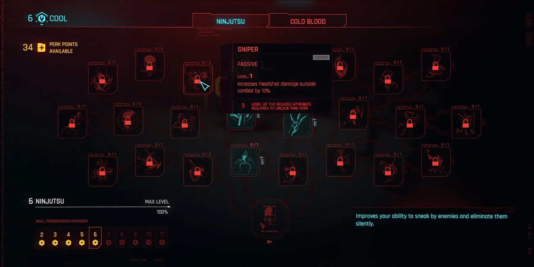 Menu des avantages dans Cyberpunk 2077 montrant l'avantage Sniper.