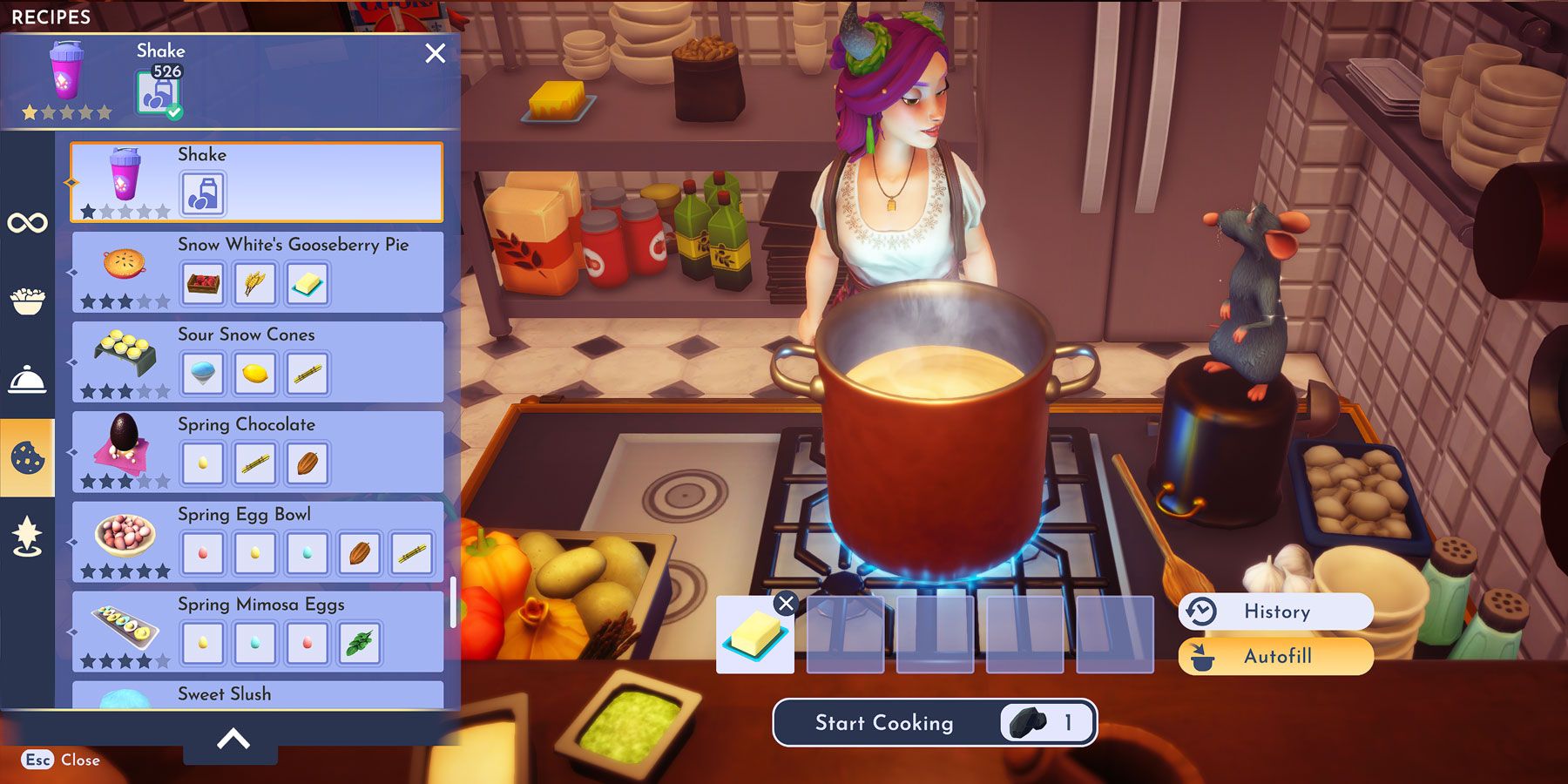 Préparation de la recette Shake dans Disney Dreamlight Valley.