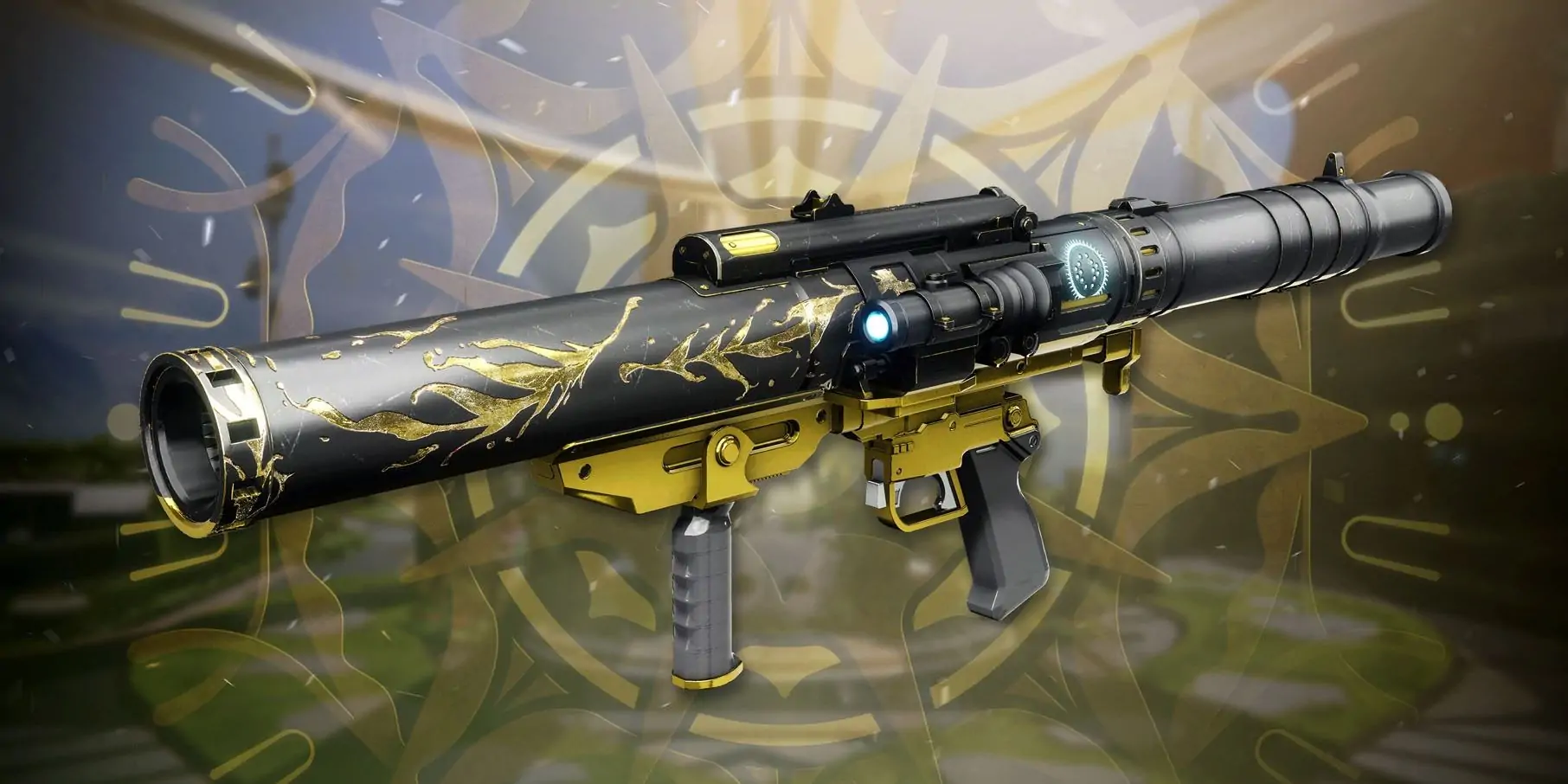 Une photo du lance-roquettes Crowning Duologue de Destiny 2 avec le logo Solstice derrière.