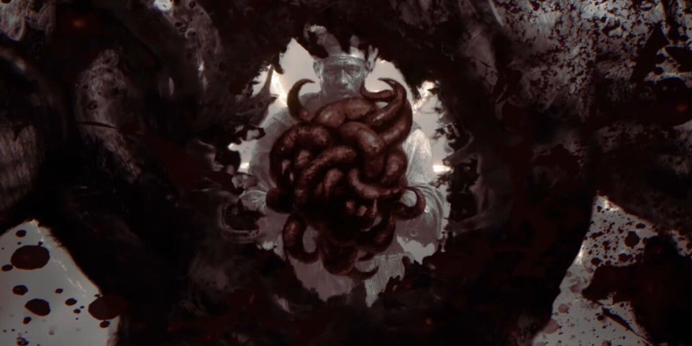 Conrad regarde à travers un trou dans la poitrine d'un ennemi.  Une masse vermiforme ressemblant à un cœur rouge terne flotte dans le trou.