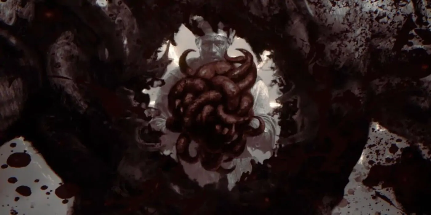 Conrad regarde à travers un trou dans la poitrine d'un ennemi.  Une masse vermiforme ressemblant à un cœur rouge terne flotte dans le trou.