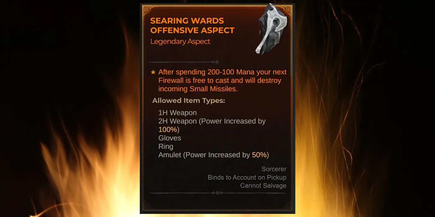 Aspect offensif de Diablo 4 Searing Wards
